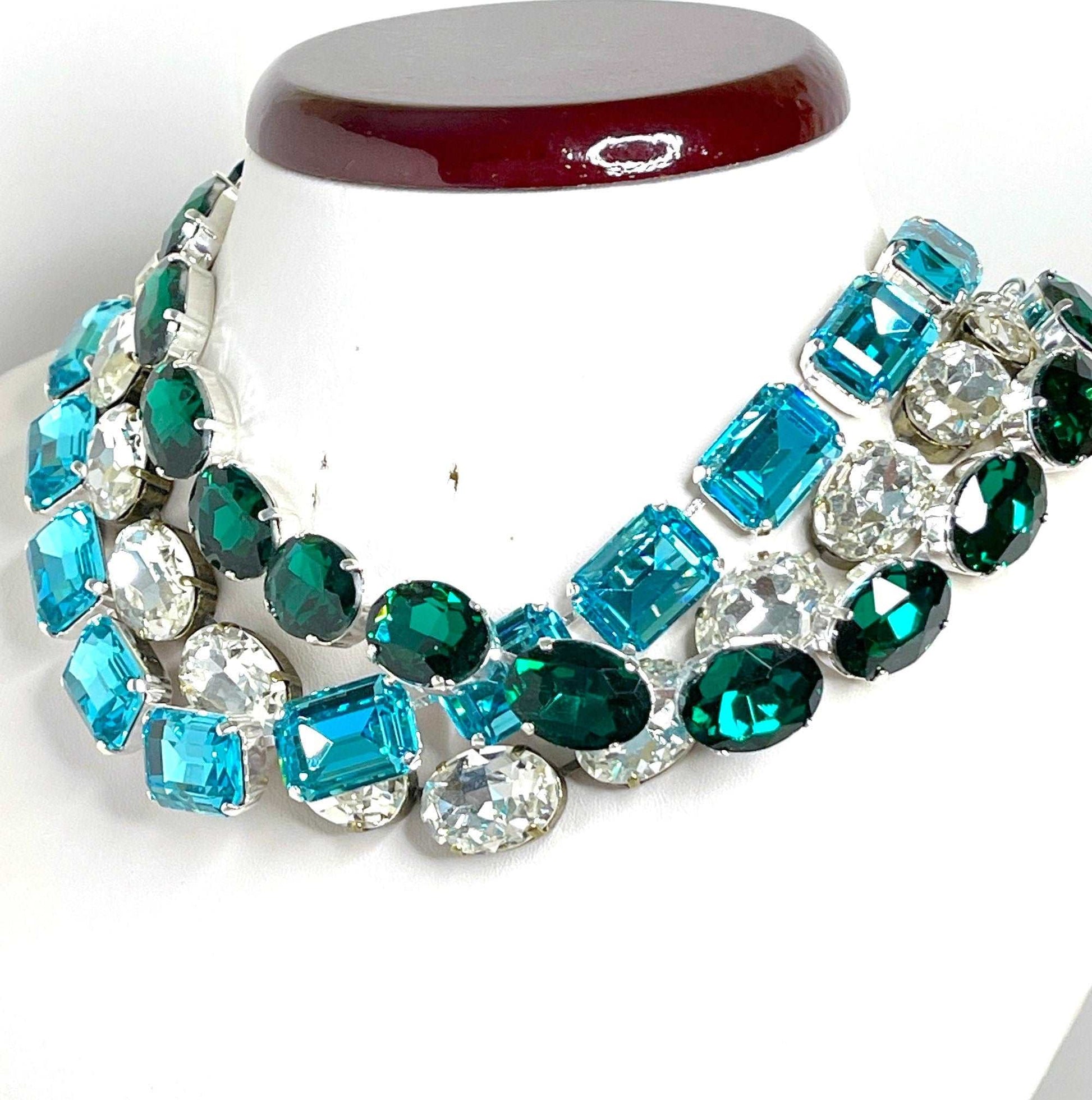 Aquamarine Emerald Crystal Georgian Collet Necklaces, Clear Crystal Choker, Anna Wintour Style, Riviere Necklaces, Statement Necklaces