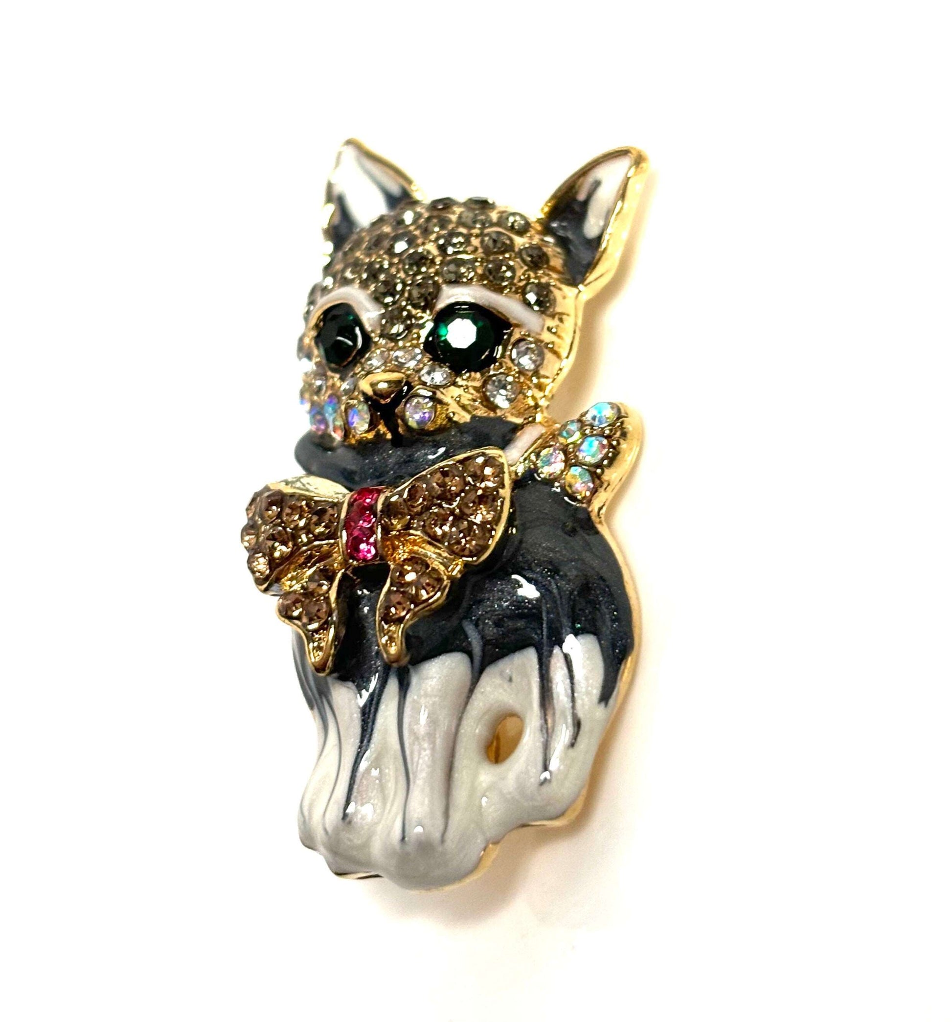 Very Cute Crystal Cat Brooch, Gift for Cat Lovers, Rhinestone Cat, Sitting Cat with Large Bow Pin, Brooches For Women