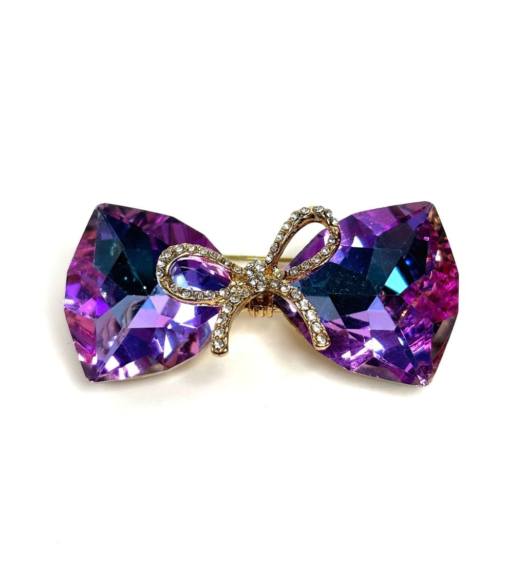 Gorgeous Vintage Style Glass Bow Brooch | Rhinestone Crystal Jewelry | Purple Rainbow Sparkly Bow