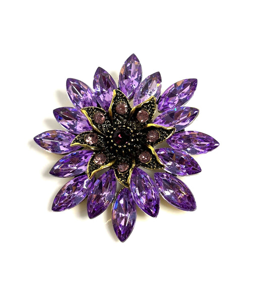 Large Purple Crystal Flower Brooch, Vintage Gold Flower Brooch, Fashion Crystal Pin, Statement Pin, Brooches For Women