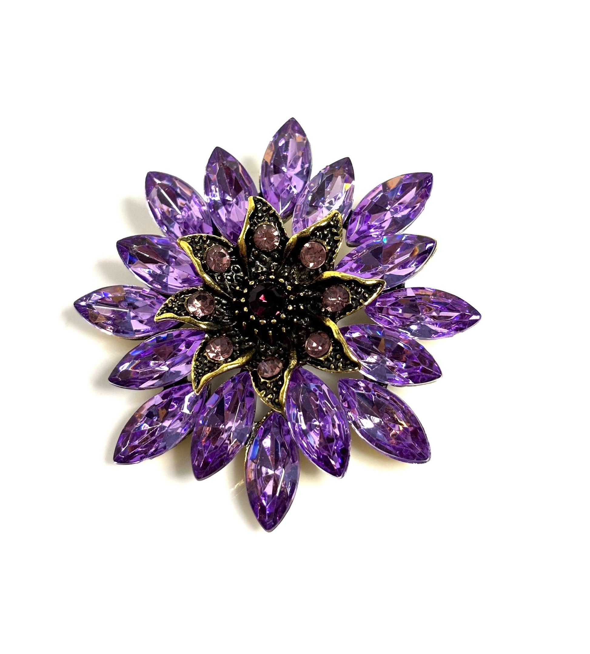 Large Purple Crystal Flower Brooch, Vintage Gold Flower Brooch, Fashion Crystal Pin, Statement Pin, Brooches For Women