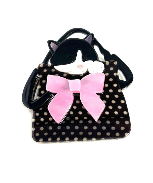 Cute Cat in a Bag Brooch, Gift for Cat Lovers, Black Cat in Poka Dot Bag, Pet Lovers Brooch, Brooches For Women