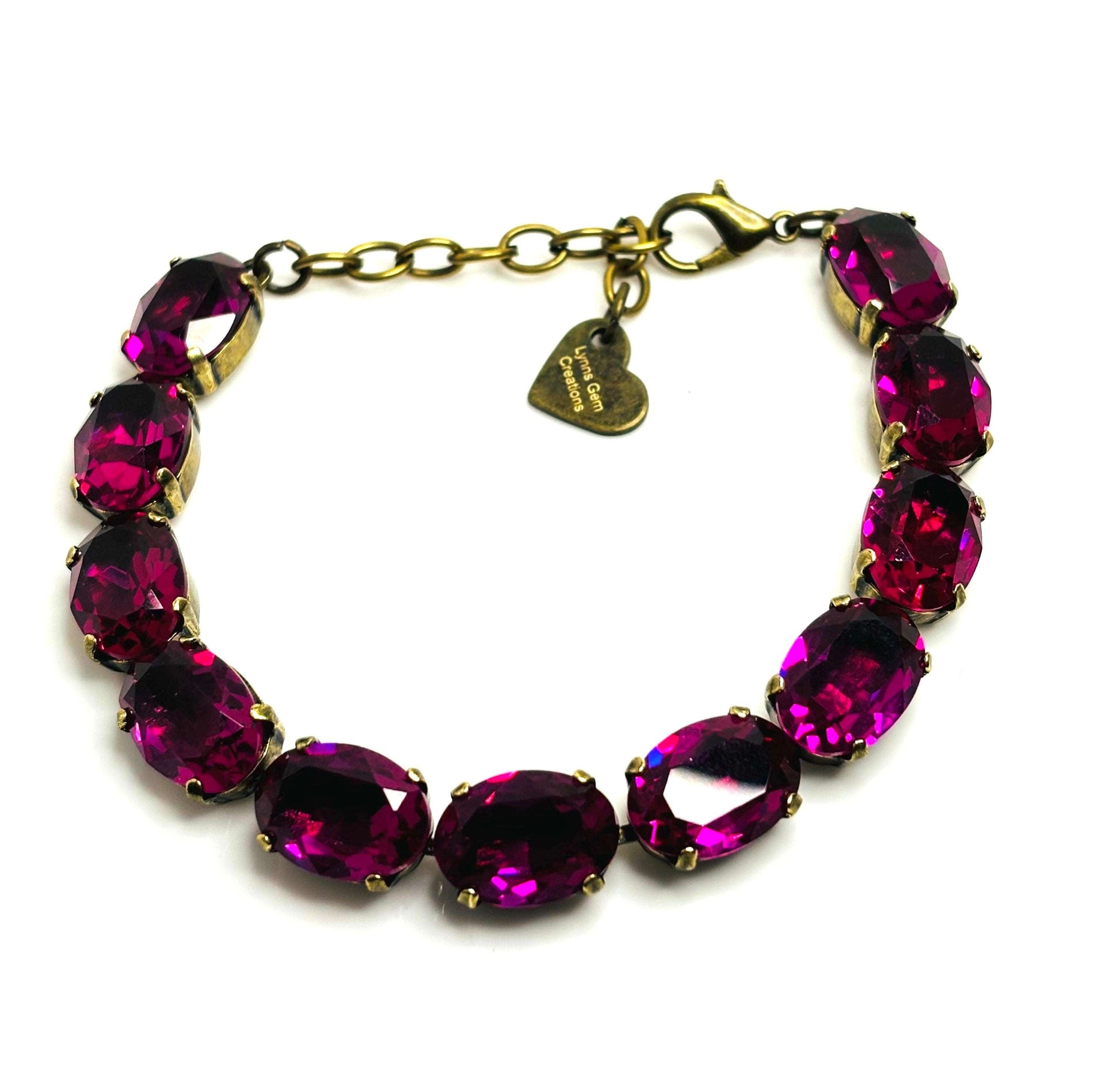 Fuschia Oval Crystal Bracelet, Antique Brass, Dark Pink Tennis Bracelet, Bridal Jewellery, Georgian Bracelet, Bracelets for Women