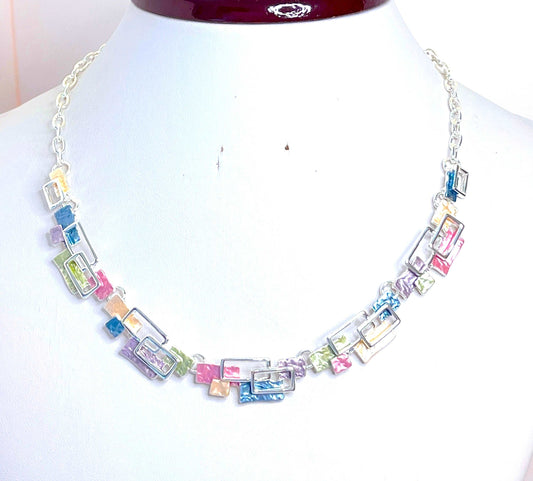 Multicolour Geometric Silver Necklace, Modern Style Jewellery, Pastel Enamel Jewelry, Rainbow Jewellery,Necklaces for Women