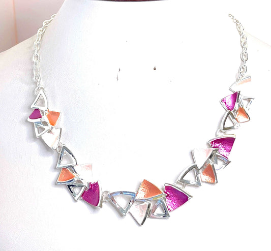 Pink Orange Geometric Silver Necklace, Modern Style Jewellery, Pastel Enamel Jewelry, Rainbow Jewellery,Necklaces for Women