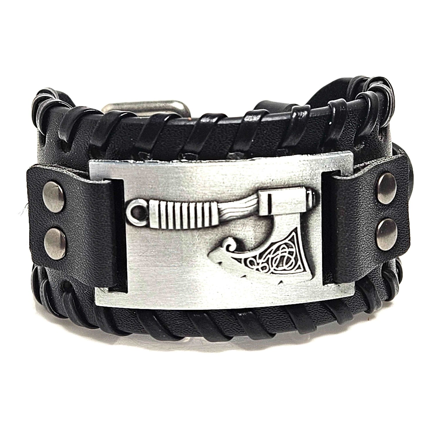 Mens Wide Black Viking Bracelet, PU Leather, Male Jewellery, Mens Axe Jewelry, Fathers Day Gift, Fashion Gift for Him