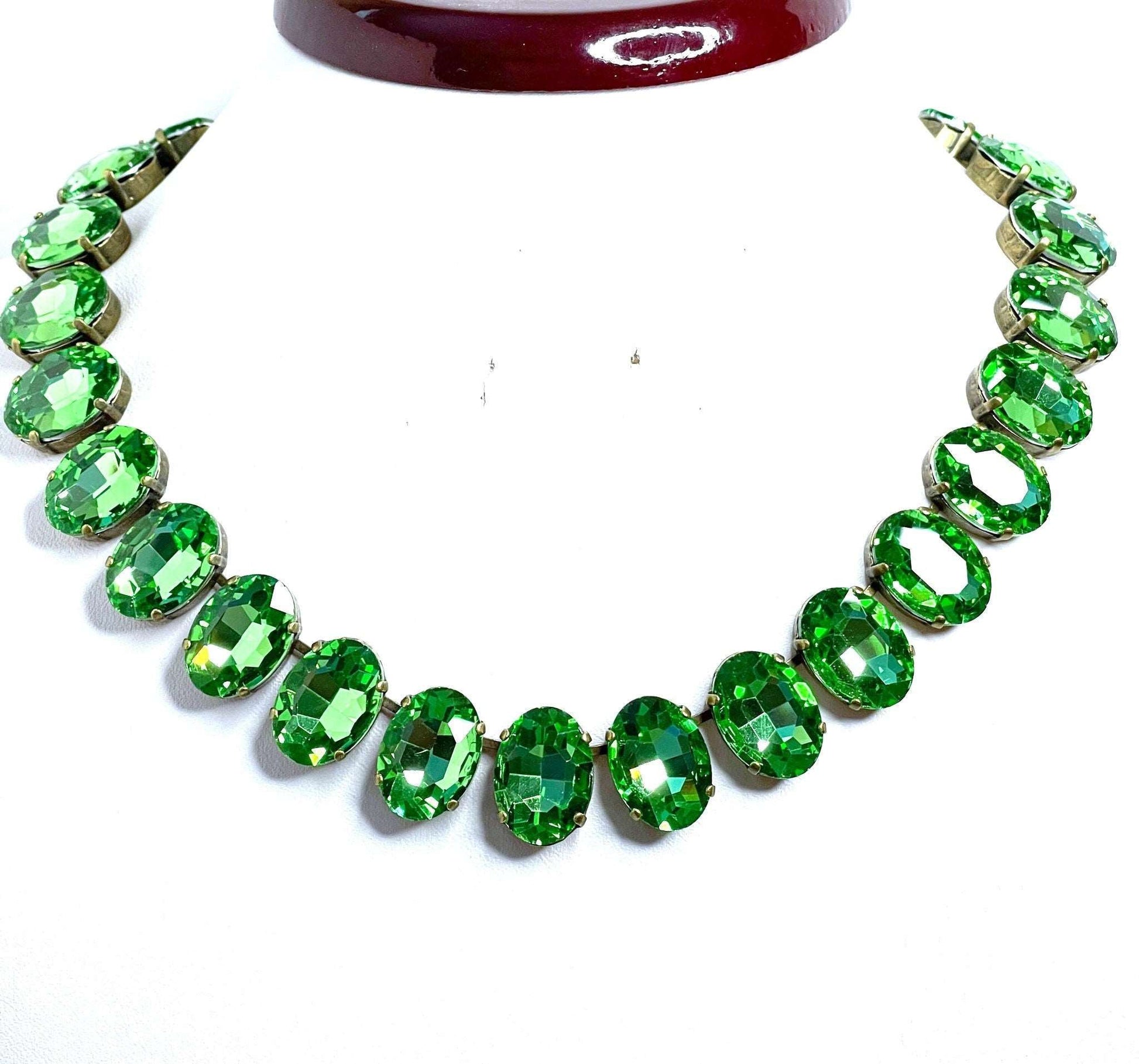 Peridot Green Oval Georgian Collet, Anna Wintour Style Crystal Choker, Green Riviere Necklace, Statement Choker, Necklaces for Women