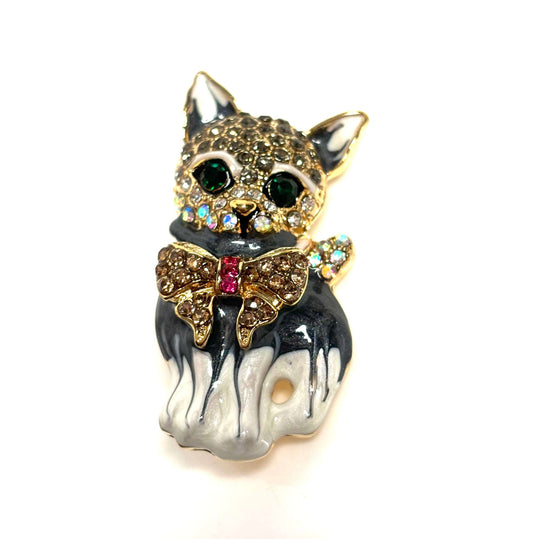 Very Cute Crystal Cat Brooch, Gift for Cat Lovers, Rhinestone Cat, Sitting Cat with Large Bow Pin, Brooches For Women