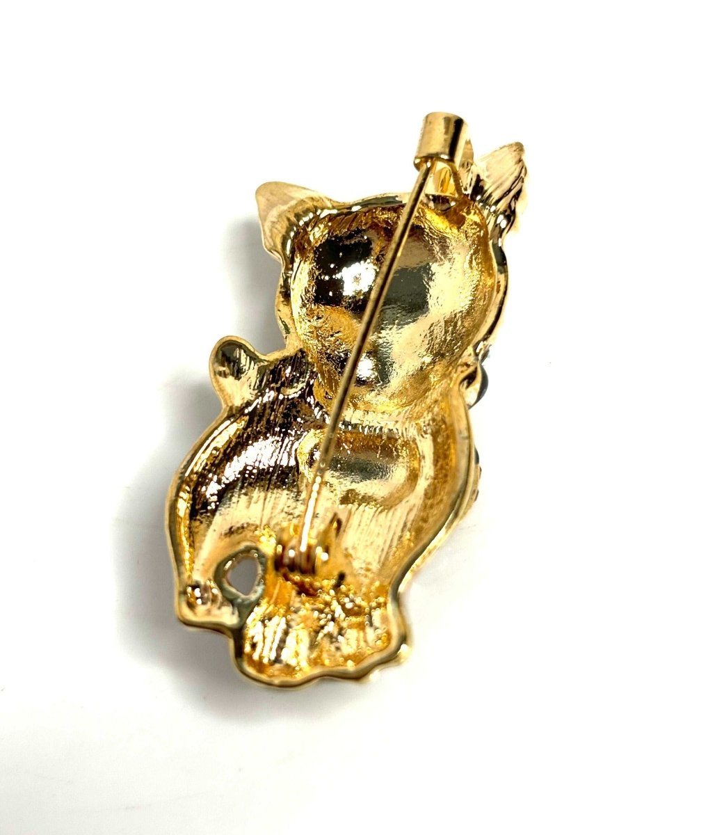 Very Cute Crystal Cat Brooch, Gift for Cat Lovers, Rhinestone Cat, Sitting Cat with Large Bow Pin, Brooches For Women