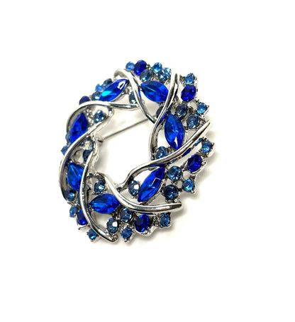 Large Blue Stone Garland Brooch, Vintage Style Flower Brooch, Crystal Wreath Pin, Stylish Flower Pin, Brooches For Women