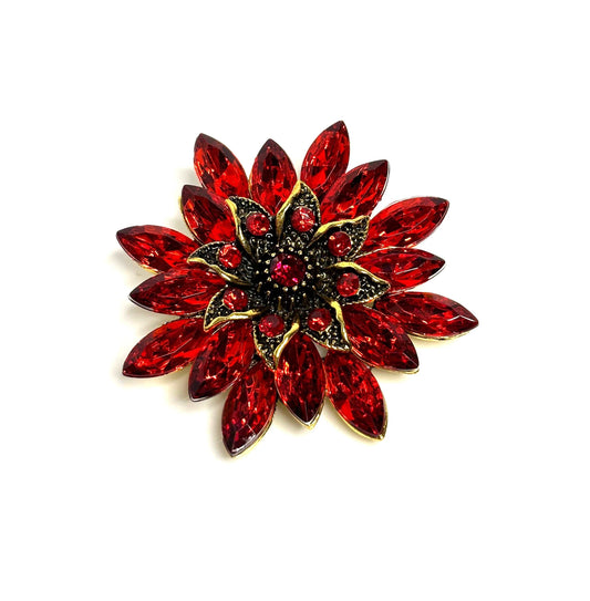Large Red Stone Garland Brooch, Vintage Gold Flower Brooch, Crystal Flower Pin, Statement Pin, Brooches For Women