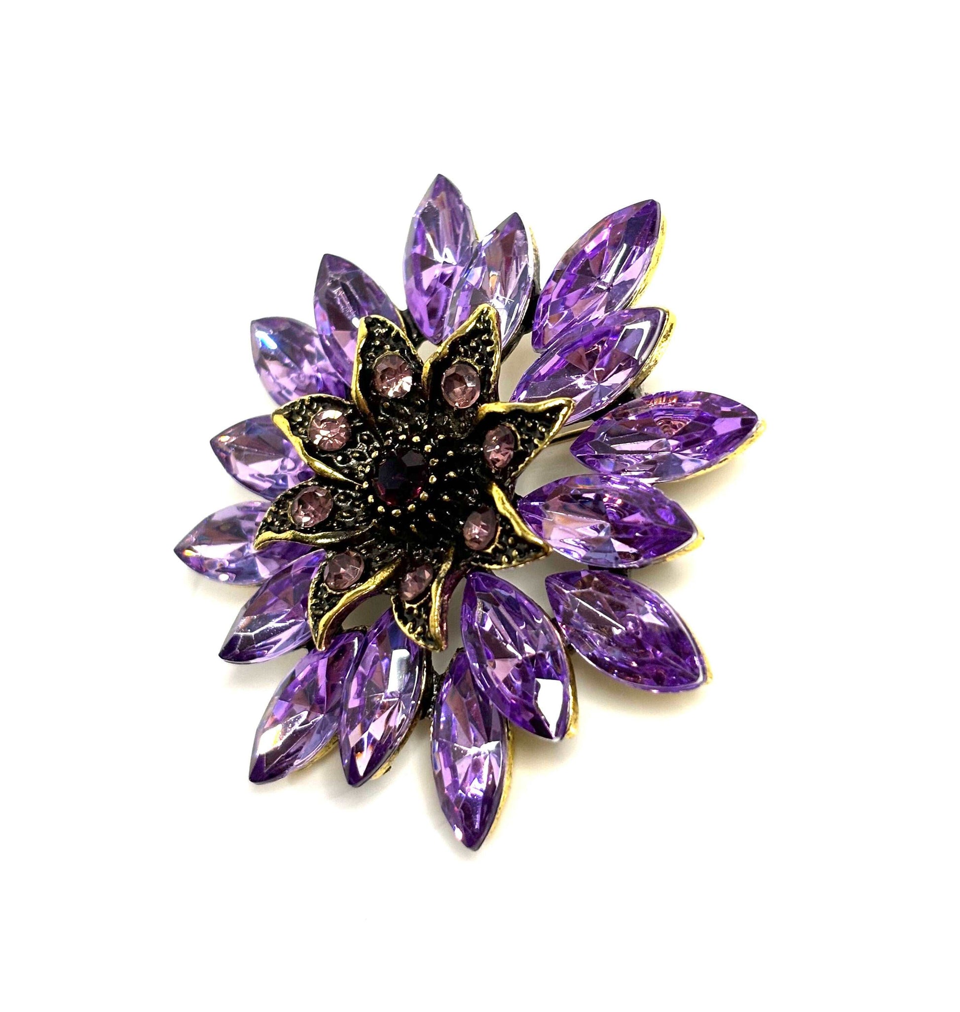 Large Purple Crystal Flower Brooch, Vintage Gold Flower Brooch, Fashion Crystal Pin, Statement Pin, Brooches For Women