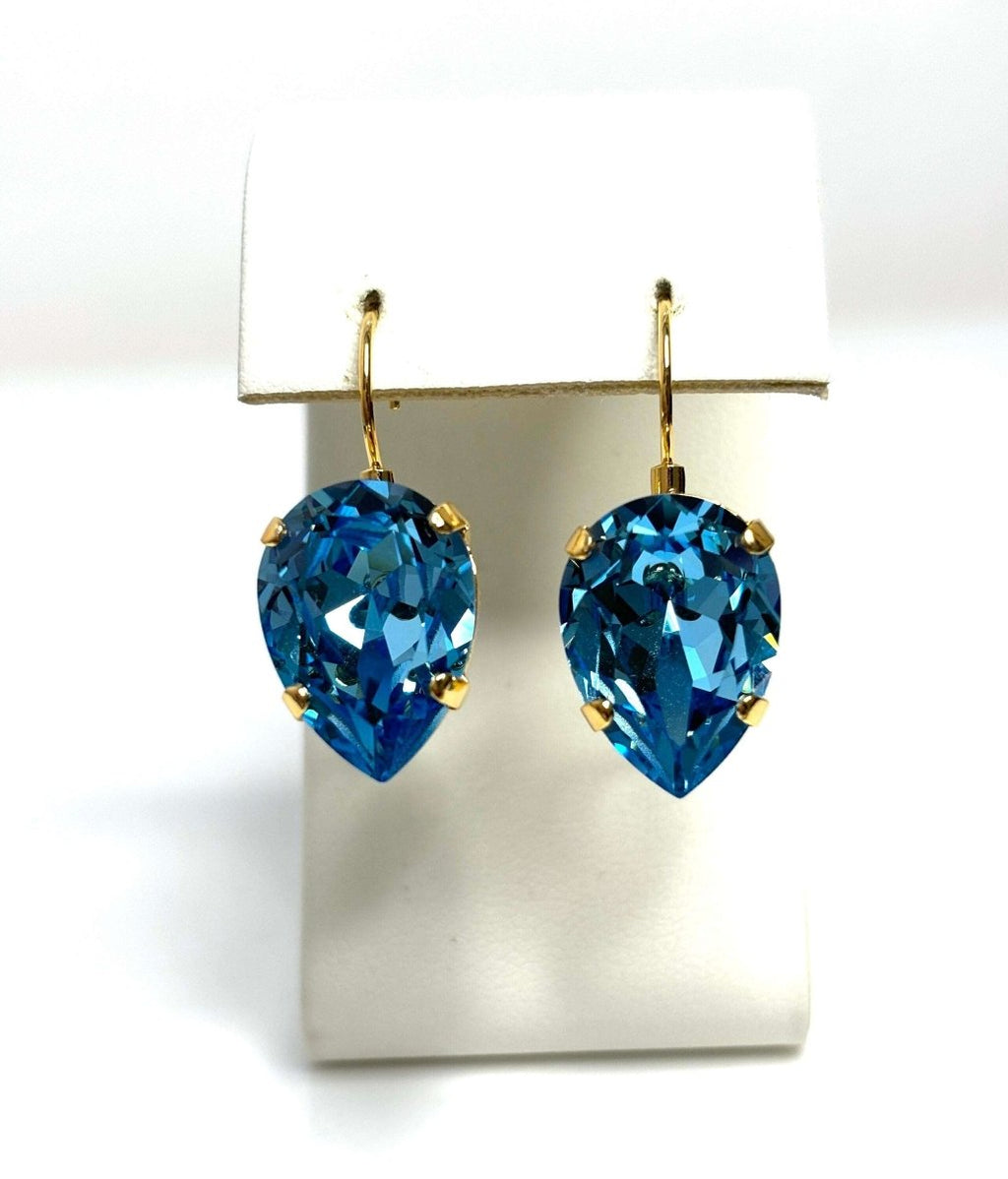 Aquamarine Crystal Earrings, Blue Teardrop Dangles, Statement Earrings, Gold Plated, Georgian Collet, Earrings for Women