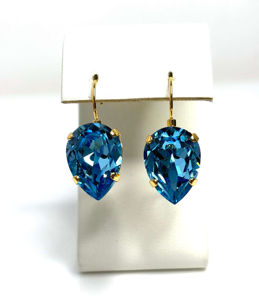 Aquamarine Crystal Earrings, Blue Teardrop Dangles, Statement Earrings, Gold Plated, Georgian Collet, Earrings for Women