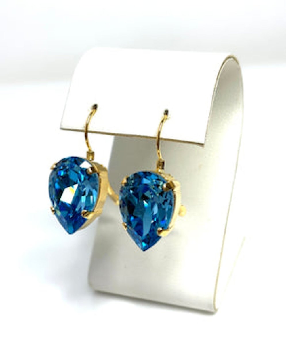 Aquamarine Crystal Earrings | Blue Teardrop Dangles | Statement Earrings | Gold Plated