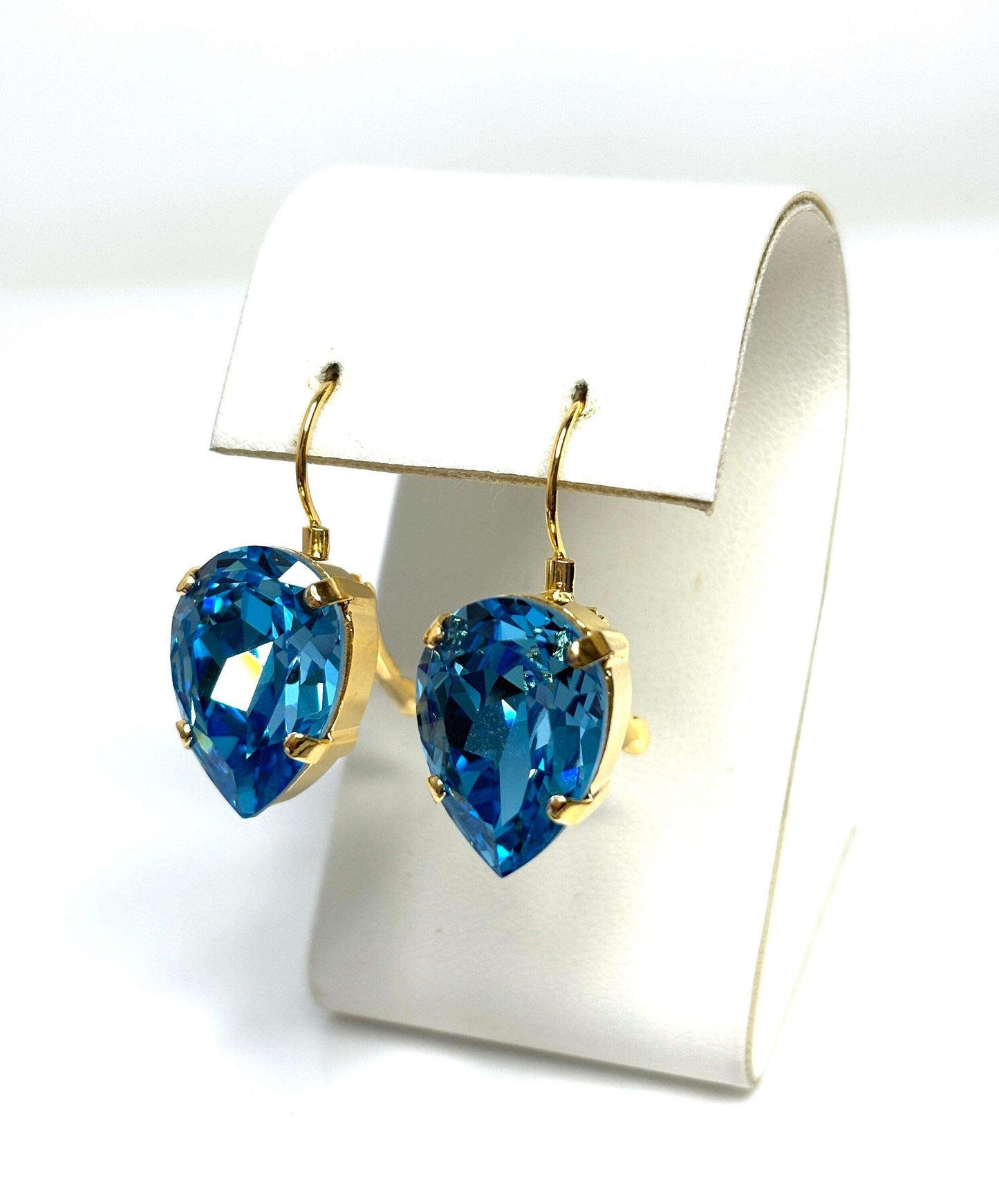 Aquamarine Crystal Earrings, Blue Teardrop Dangles, Statement Earrings, Gold Plated, Georgian Collet, Earrings for Women