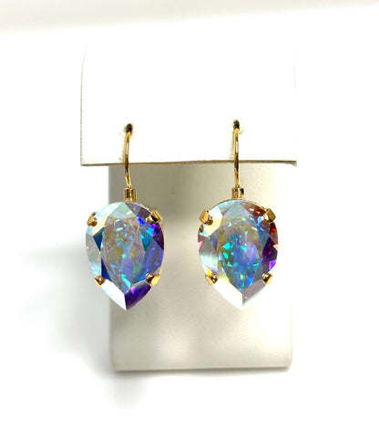 Clear AB Austrian Crystal Earrings, Rainbow Teardrop Dangles, Statement Earrings, Gold Plated, Georgian Collet, Earrings for Women