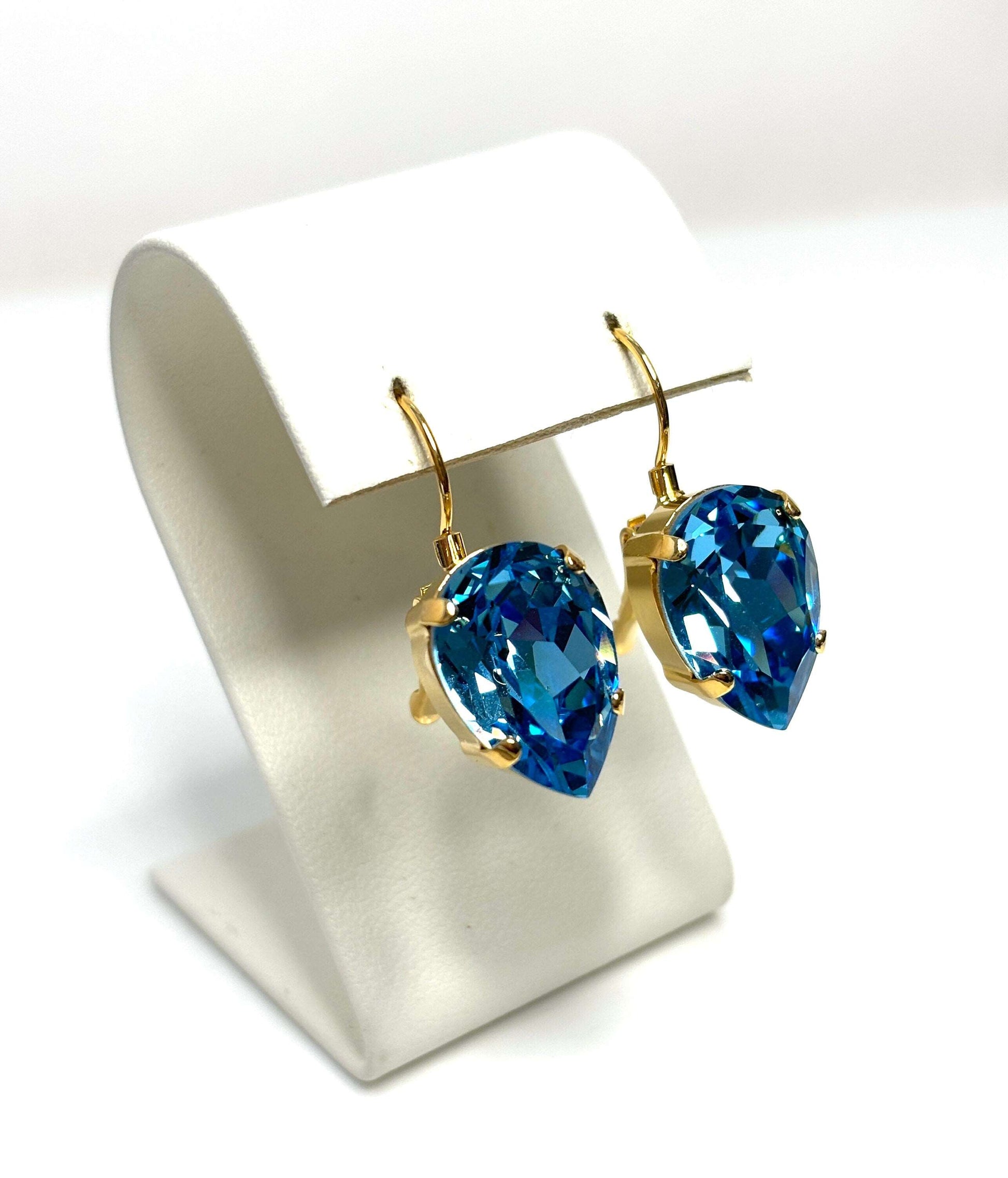 Aquamarine Crystal Earrings, Blue Teardrop Dangles, Statement Earrings, Gold Plated, Georgian Collet, Earrings for Women