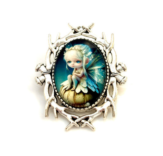 Fantasy Fairy Elf Brooch | Silver Plated Ornate Pin, Gothic Style Silver Pin, Cute Woodland Fairy, Brooches for Women