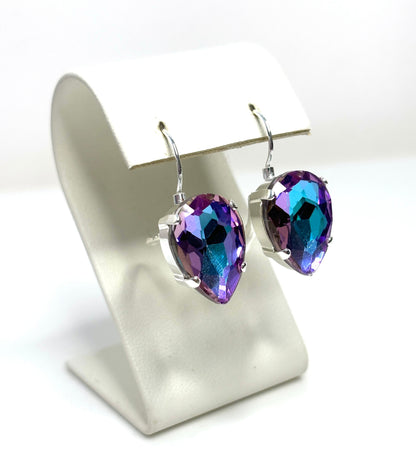 Purple Blue Crystal Earrings, Vitrial Light Teardrop Dangles, Statement Earrings, Silver Plated, Georgian Collet, Earrings for Women