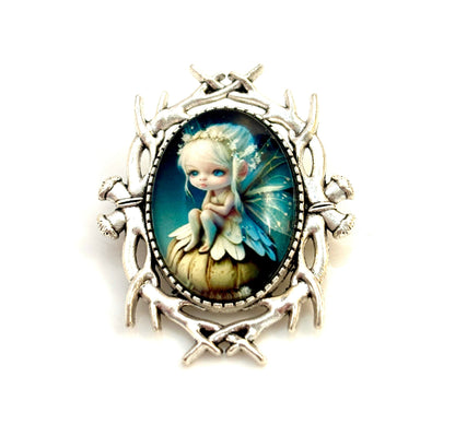 Lovely Elf Fairy Brooch, Silver Tone, Fantasy Woodland Pin, Cabochon Picture Jewellery, Oval Jacket Pin, Brooches for Women