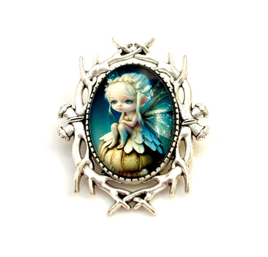 Lovely Elf Fairy Brooch, Silver Tone, Fantasy Woodland Pin, Cabochon Picture Jewellery, Oval Jacket Pin, Brooches for Women