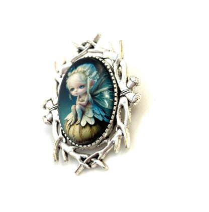 Lovely Elf Fairy Brooch, Silver Tone, Fantasy Woodland Pin, Cabochon Picture Jewellery, Oval Jacket Pin, Brooches for Women