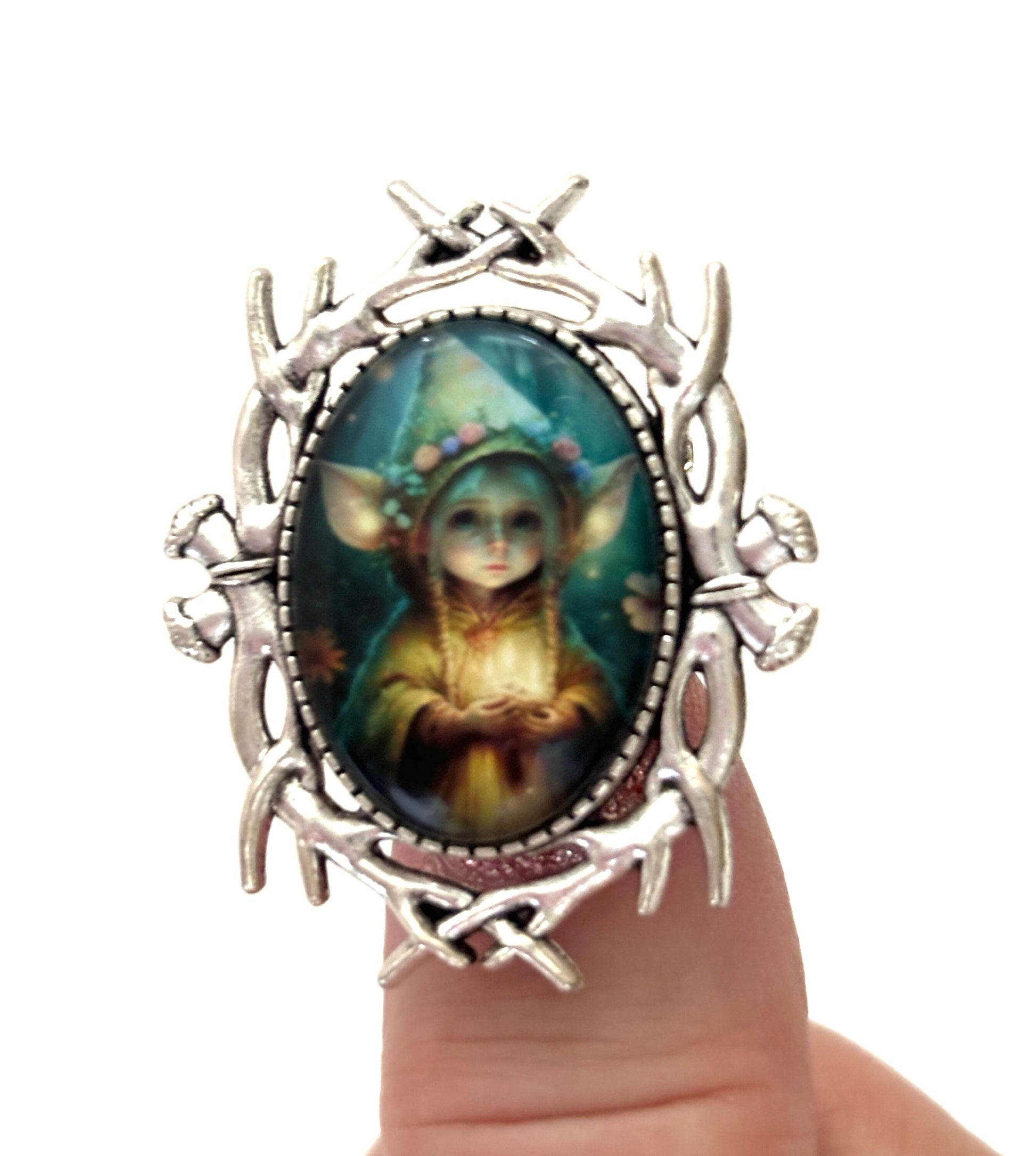 Lovely Fairy Elf Brooch, Silver Tone, Fantasy Woodland Pin, Cabochon Picture Jewellery, Oval Jacket Pin, Brooches for Women