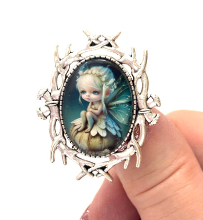 Lovely Elf Fairy Brooch, Silver Tone, Fantasy Woodland Pin, Cabochon Picture Jewellery, Oval Jacket Pin, Brooches for Women