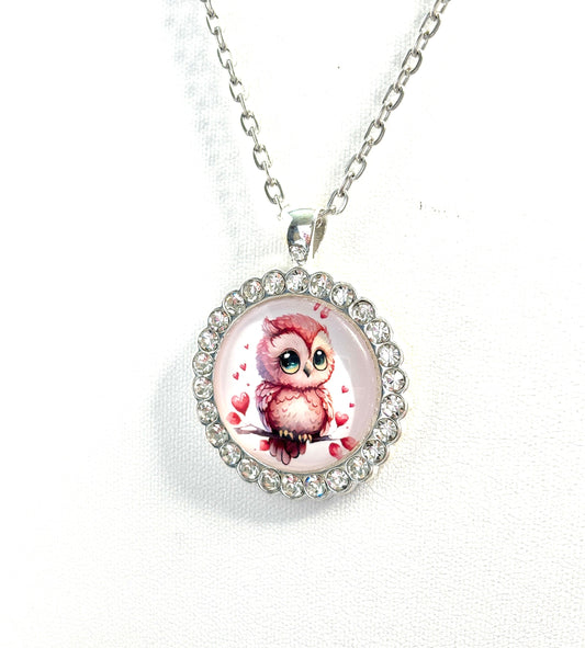 Very Cute Owl CZ Necklace, Silver Tone, Pink Baby Owl Pendant, Cabochon Picture Jewellery, Owl Lovers Necklace, Gift for Her