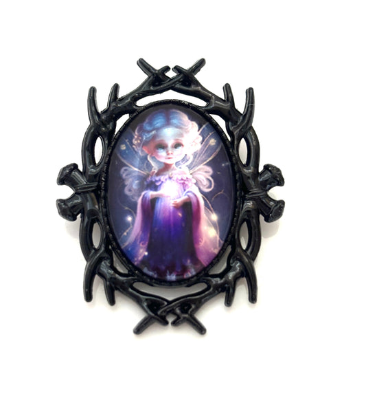 Pretty Fairy Brooch, Black Plated, Fantasy Woodland Pin, Cabochon Picture Jewellery, Oval Jacket Pin, Brooches for Women