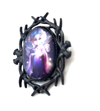 Pretty Fairy Brooch, Black Plated, Fantasy Woodland Pin, Cabochon Picture Jewellery, Oval Jacket Pin, Brooches for Women