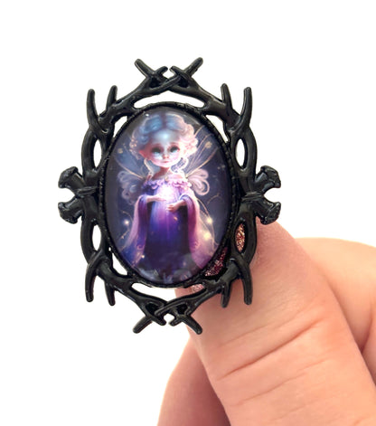 Pretty Fairy Brooch, Black Plated, Fantasy Woodland Pin, Cabochon Picture Jewellery, Oval Jacket Pin, Brooches for Women