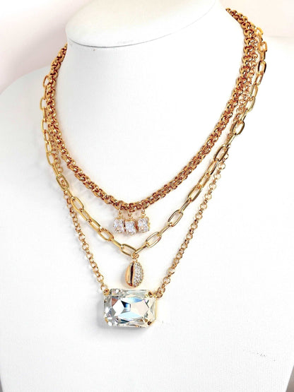 Gold Layered Chain Necklace Set | Crystal Statement Jewellery | CZ Cowrie Shell | Multi Chain Chokers