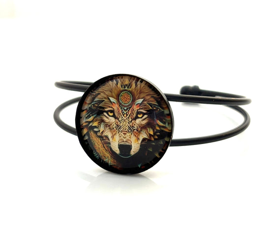 Fantasy Wolf Bangle, Mystical Unisex Jewelry, Black Plated, Picture Jewellery, Round Chunky Statement Bracelet, Gift for Him Her