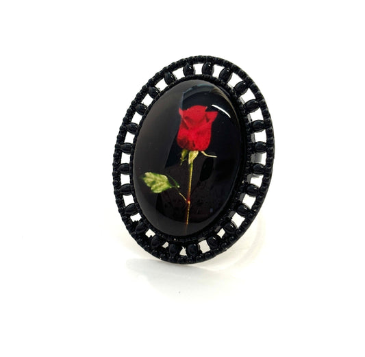 Gothic Style Red Rose Ring, Black Plated, Picture Jewellery, Large Oval Statement Ring, Gift for Her, Rings for Women