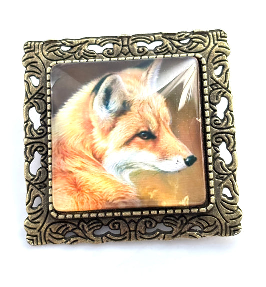 Beautiful Fox Brooch, Antique Brass, Fox Lovers Pin, Animal Jewellery, Square Picture Pin, Brooches for Women