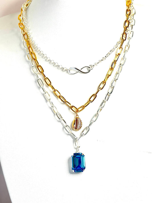 Gold Silver Layered Chain Set, Crystal Aquamarine Necklace, CZ Cowrie Shell, Infinity Charm, Multi Chain Chokers, Necklaces for Women