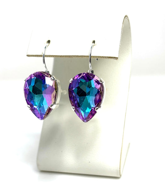 Purple Blue Crystal Earrings, Vitrial Light Teardrop Dangles, Statement Earrings, Silver Plated, Georgian Collet, Earrings for Women