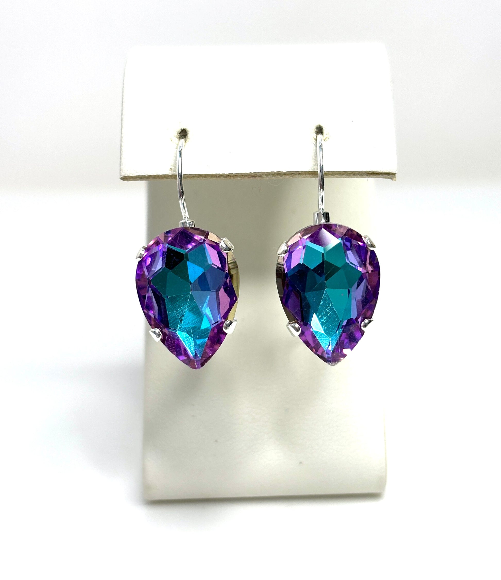 Purple Blue Crystal Earrings, Vitrial Light Teardrop Dangles, Statement Earrings, Silver Plated, Georgian Collet, Earrings for Women