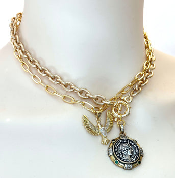 Chunky Gold Heart Coin Necklace | Stainless Steel Chain | Egyptian Eagle Medallion | Chain Jewelry | Greek Style Coin Choker