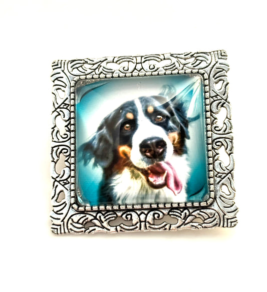 Cute Dog Brooch, Silver Tone, Dogs Lovers Pin, Burmese Mountain Dog, Cabochon Picture Jewellery, Square Jacket Pin, Brooches for Women