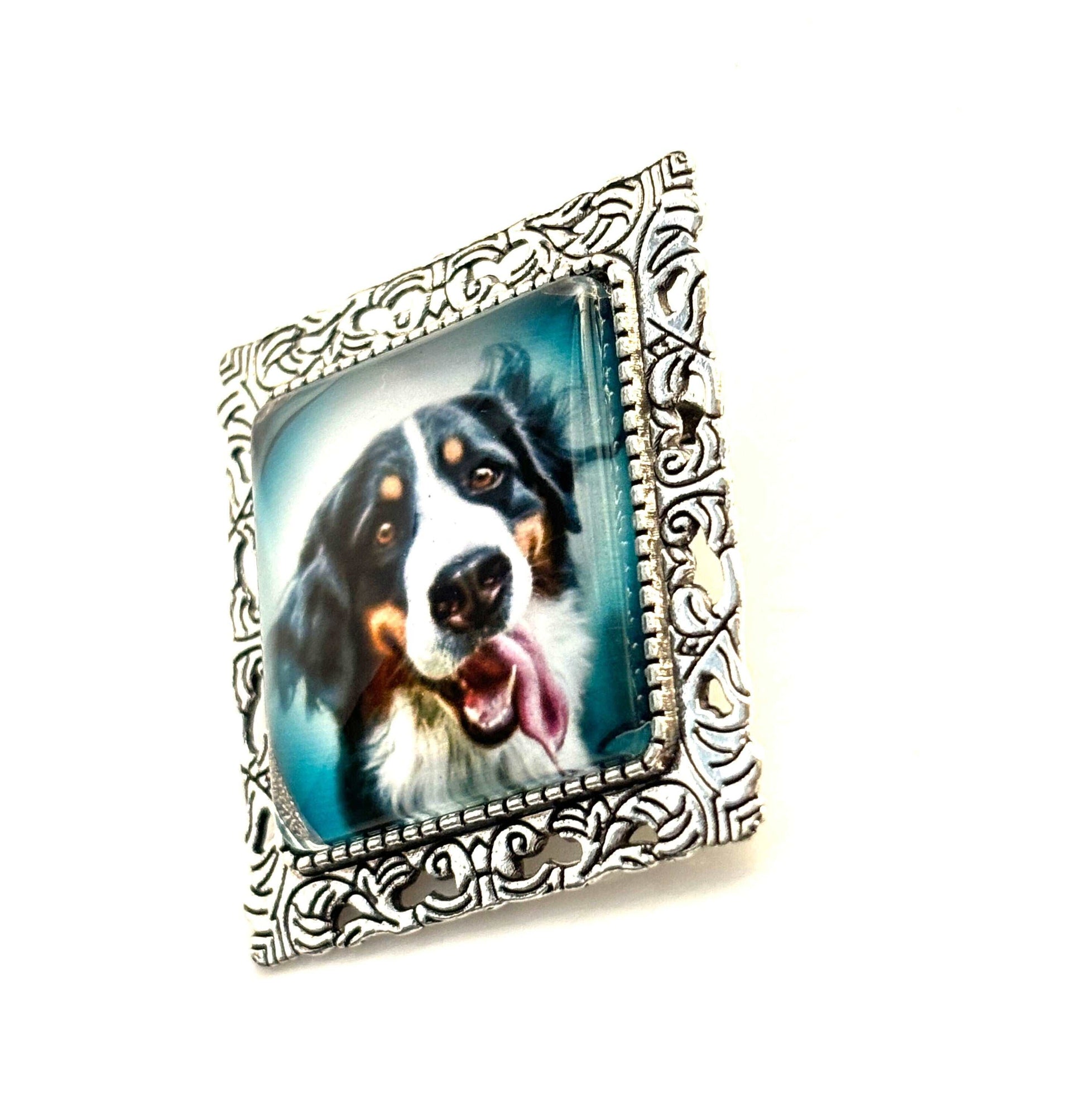 Cute Dog Brooch, Silver Tone, Dogs Lovers Pin, Burmese Mountain Dog, Cabochon Picture Jewellery, Square Jacket Pin, Brooches for Women