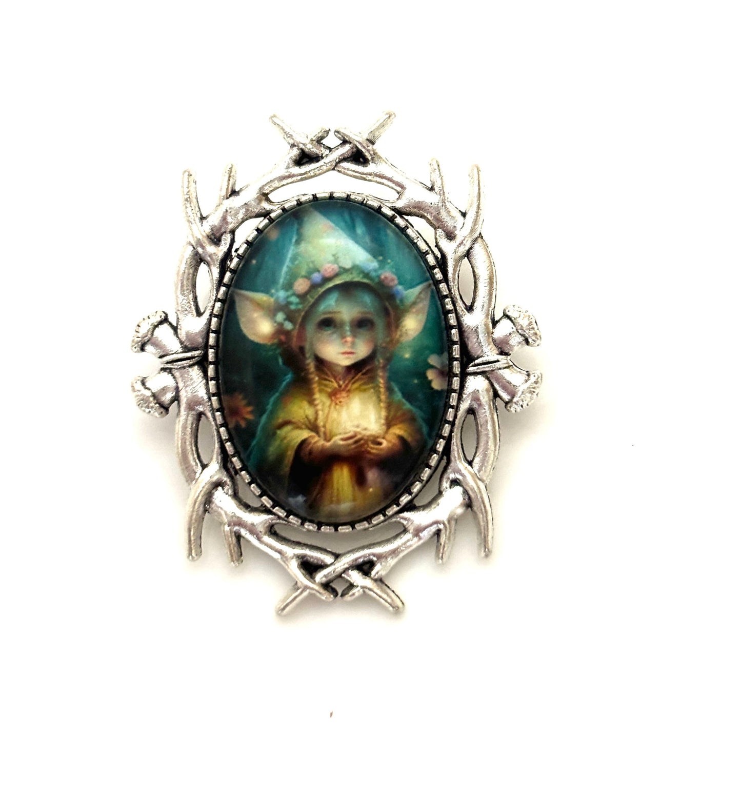 Lovely Fairy Elf Brooch, Silver Tone, Fantasy Woodland Pin, Cabochon Picture Jewellery, Oval Jacket Pin, Brooches for Women