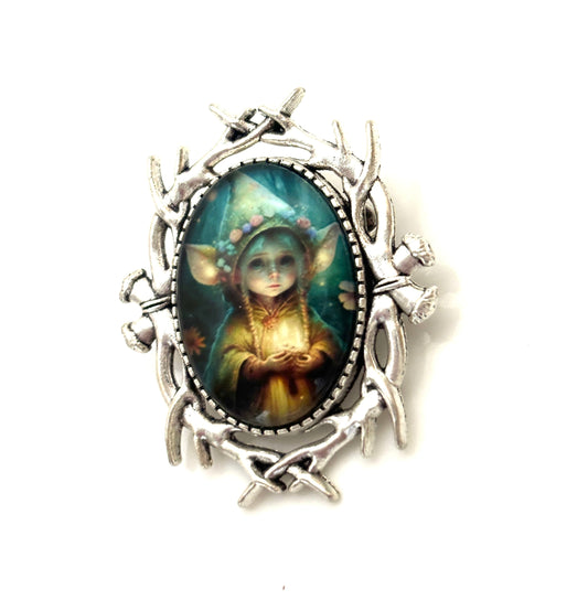 Lovely Fairy Elf Brooch, Silver Tone, Fantasy Woodland Pin, Cabochon Picture Jewellery, Oval Jacket Pin, Brooches for Women