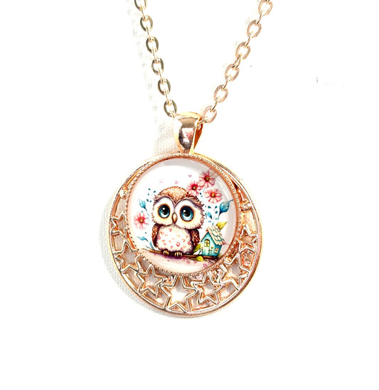 Rose Gold Owl Necklace, Baby Owl Pendant, Cabochon Picture Jewellery, Owl Lovers Necklace, Pendant with Cute Owl, Gift for Her