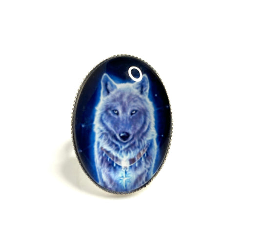 Mystical Blue Wolf Ring, Silver Plated, Gothic Style Unisex Jewelry, Picture Jewellery, Oval Chunky Statement Ring, Gift for Him Her