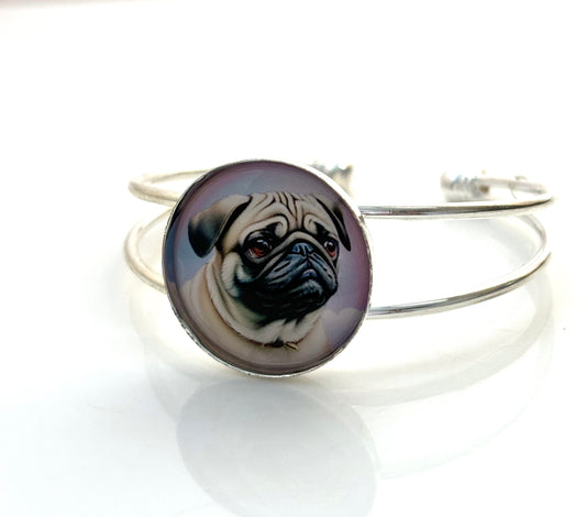 Very Cute Pug Dog Bangle, Silver Plated, Dogs Lovers Bracelet, Cabochon Picture Jewellery, Round Bangle, Bracelets for Women