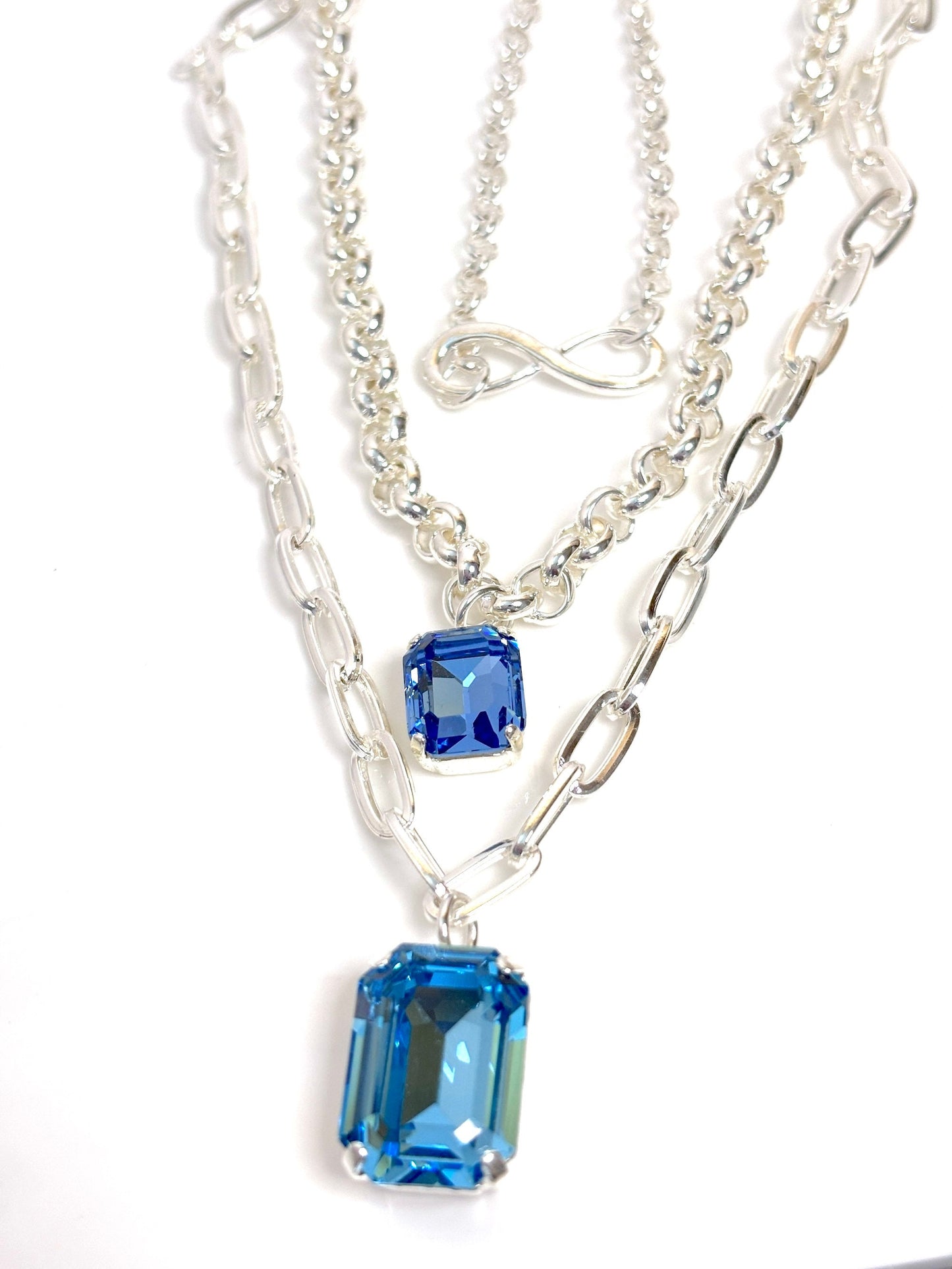 Layered Chain Necklace Set | Crystal Aquamarine Light Sapphire | Silver Plated Bras | Infinity Charm