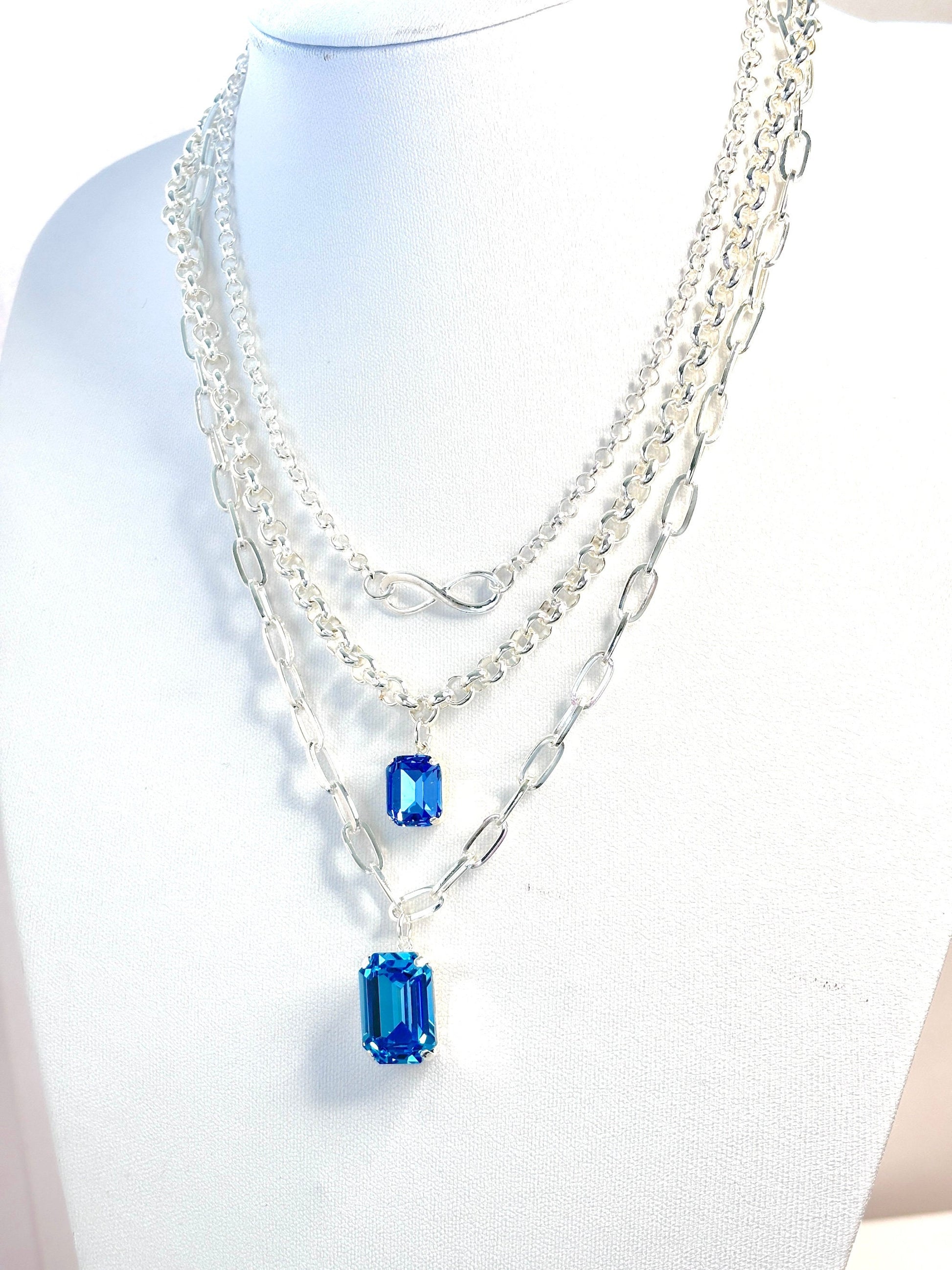 Layered Chain Necklace Set | Crystal Aquamarine Light Sapphire | Silver Plated Bras | Infinity Charm